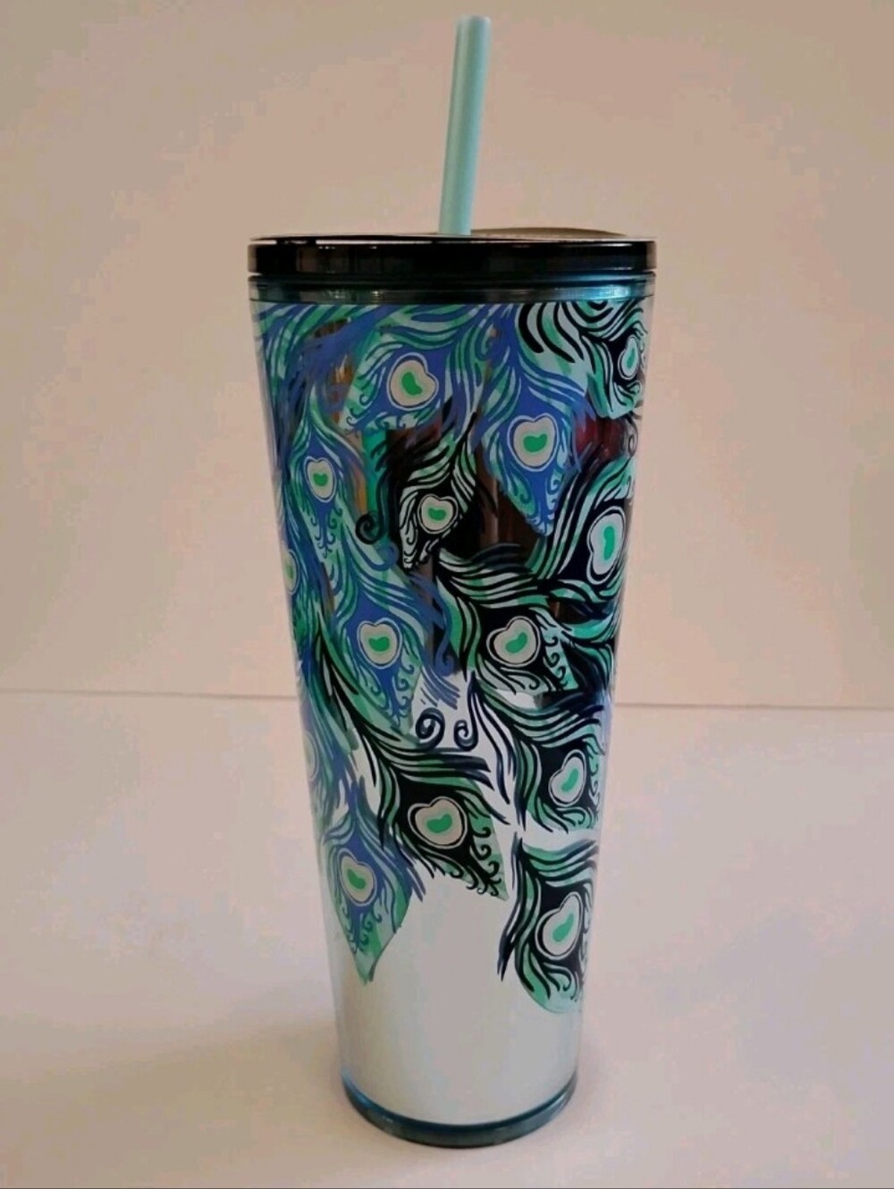Starbucks 24oz/710mL Plastic Cold Tumbler Twist Lid w Straw Peacock Feather New